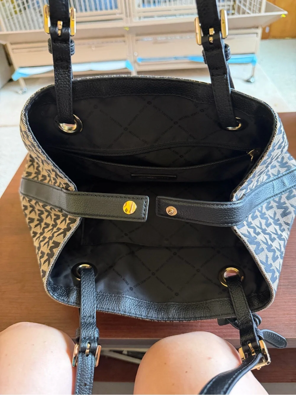 Michael Kors Black and Beige MK Logo Shoulder Bag